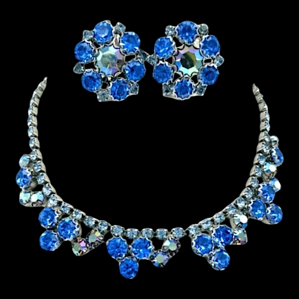 Vintage Royal Blue Rhinestone Necklace and Earrings Set